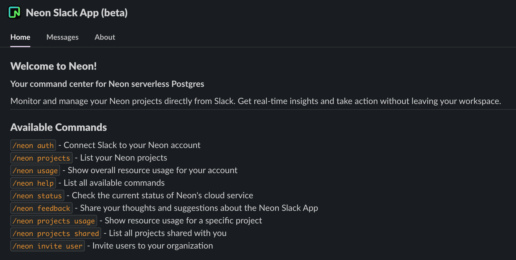 Neon Slack App commands